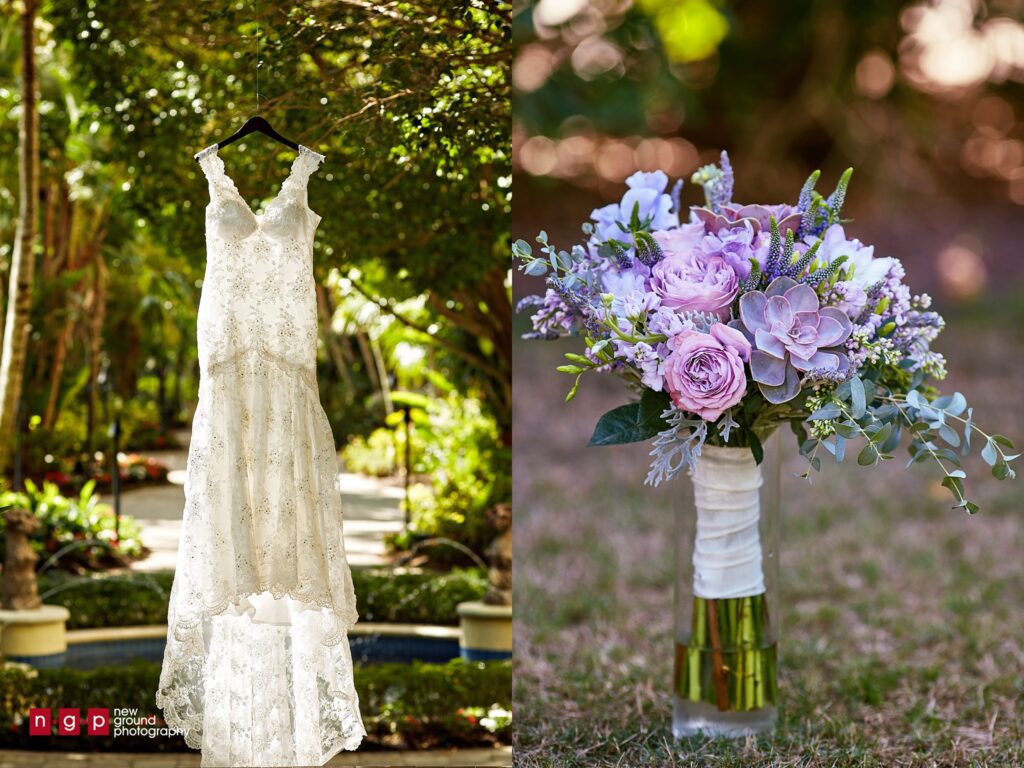 the bride's wedding dress and bouquet