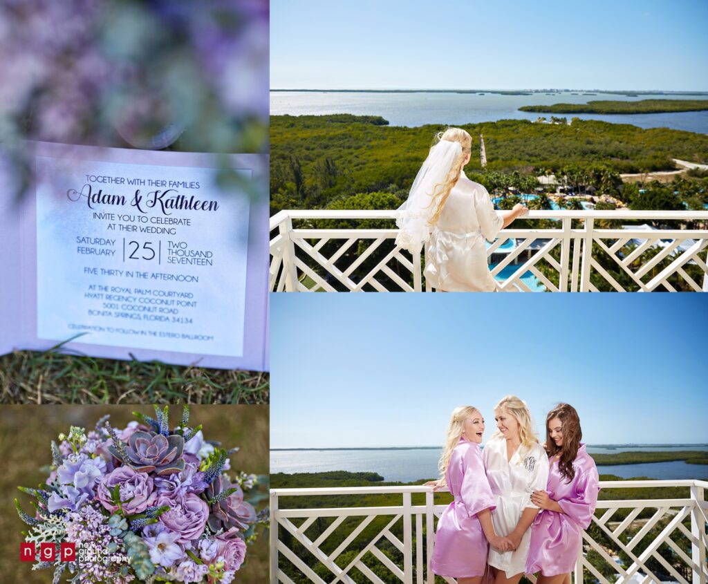 a collage of the bride with her entourage, the wedding invitation card and bouquet